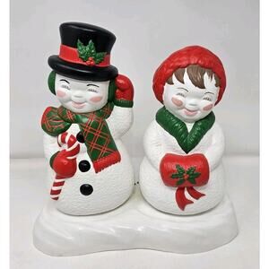 Mr & Mrs Snowman 15” 1985 VTG Chalk Hand Painted Christmas With Base Music Box